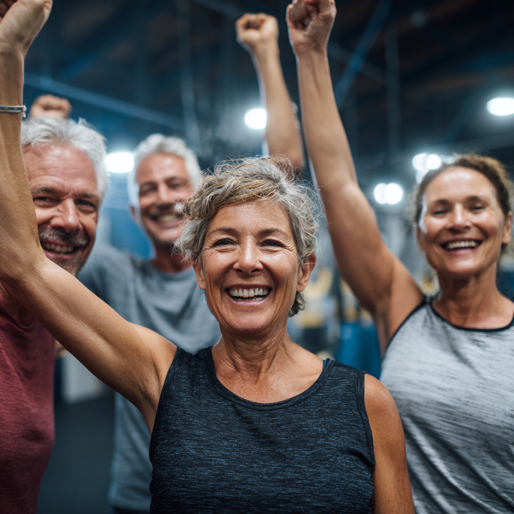 group of middle-aged adults celebrating fitness achievement together
