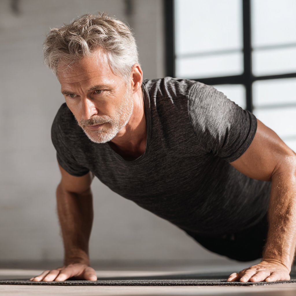 mature adult man doing functional fitness exercises in bright studio