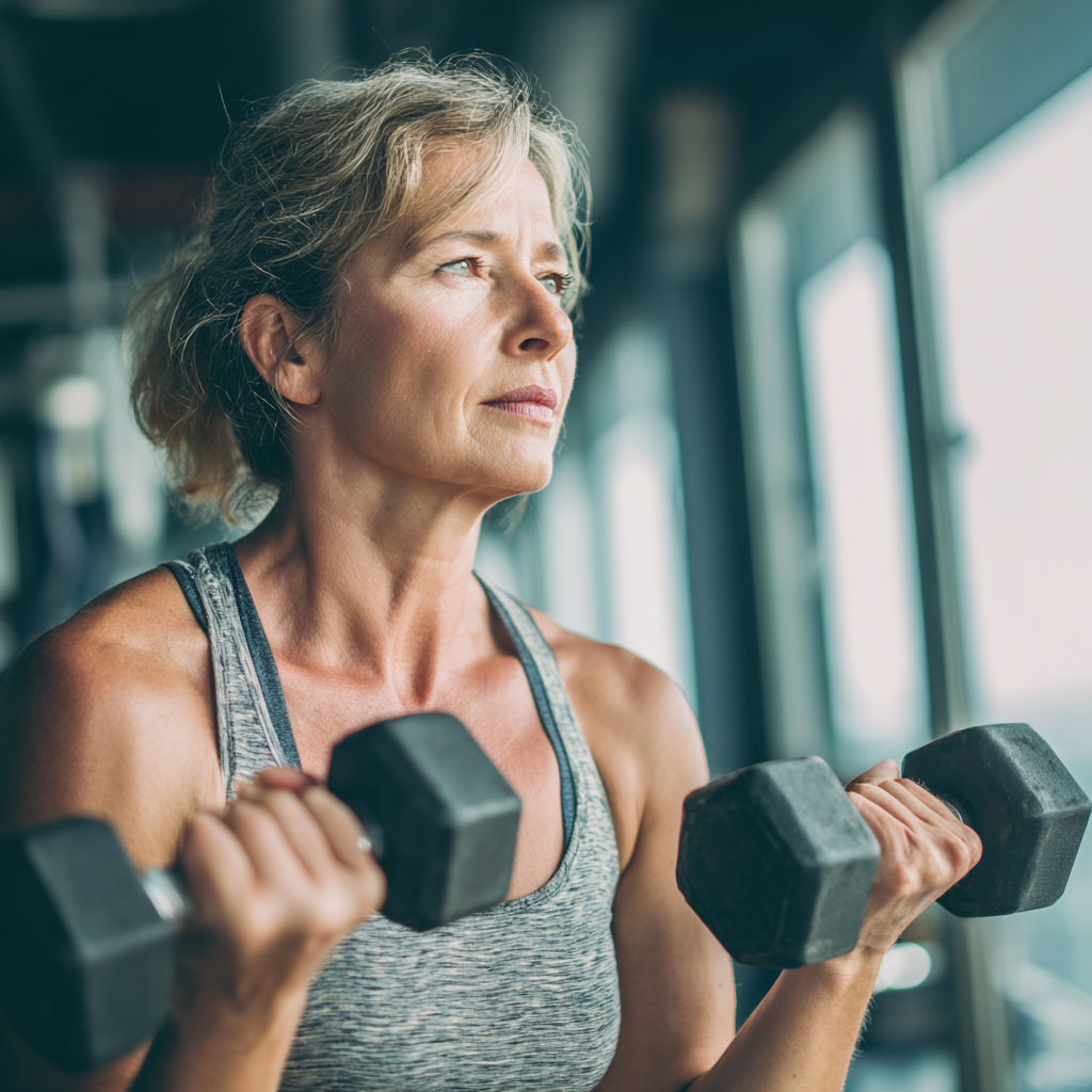 middle-aged woman doing strength training with dumbbells in modern gym